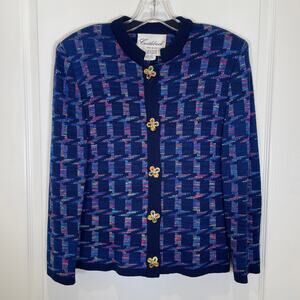 Vintage I. Magnin Castlebrook 80's Cardigan Knit Jacket Blue Geo Jewel Button 12